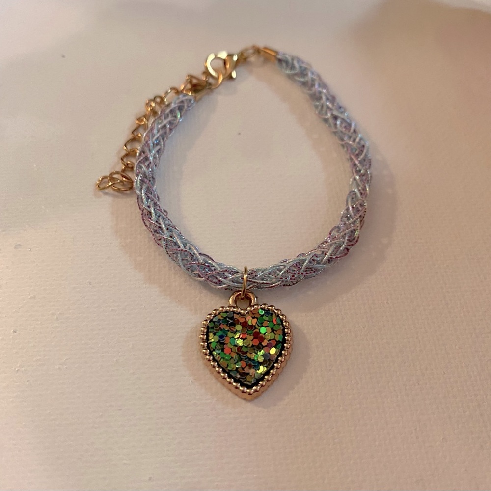 Blue Braided Glitter Thread Bracelet with Green Glitter Heart Charm